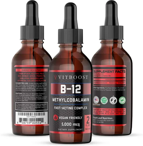 Vista 2 de VITBOOST Líquido vegano B12 Gotas 60 x 5000mcg Extra Strength sabor frambuesa VIT B12 Suplemento sublingual líquido de metilcobalamina y extra