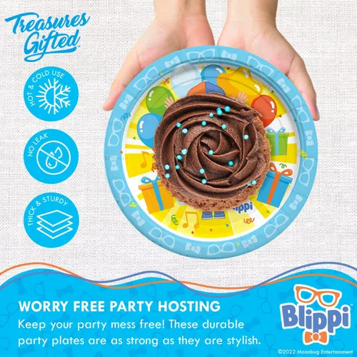 Vista 3 de Treasures Gifted Platos de postre Blippi con licencia oficial de 8 unidades – 7 pulgadas – Platos de fiesta Blippi – Suministros para fiesta
