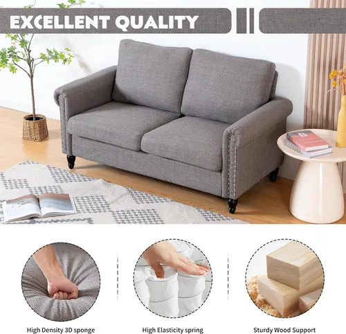 Vista 6 de J.C.UP Sofá biplaza de 57 pulgadas, sofás pequeños para sala de estar con tela de lino, cómodo sofá tapizado para dormitorio con patas de madera Gris