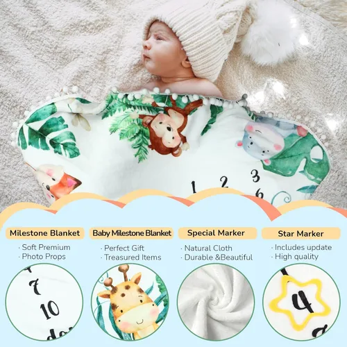 Vista 7 de Peryiter Manta mensual de hitos para bebé, 43.3 x 43.3 pulgadas, safari, selva, hojas, tapete de juego para recién nacidos, manta redonda de franela