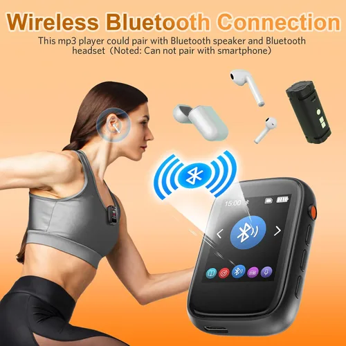 Vista 2 de Reproductor Mp3 portátil para niños con clip en la parte posterior, pequeño reproductor de música con Bluetooth 5.3, pantalla táctil, radio FM