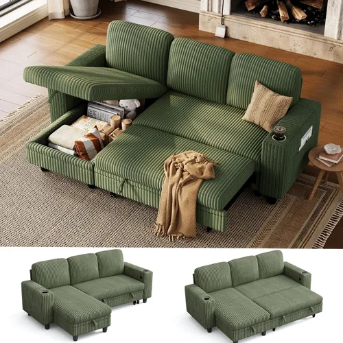 Vista 16 de LINSY HOME - Sofá seccional con cama extraíble y sofá cama deslizable, sofá convertible de pana mullida tipo nube con chaise de almacenamiento