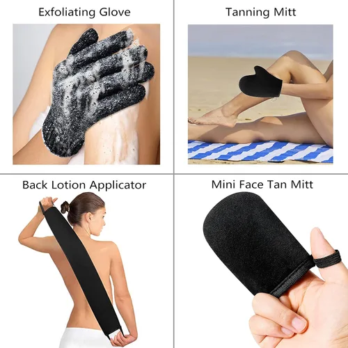 Vista 2 de Paquete de 5 aplicadores de manopla autobronceadora – Manopla bronceadora facial, aplicador de loción para la espalda, guante exfoliante, cepillo