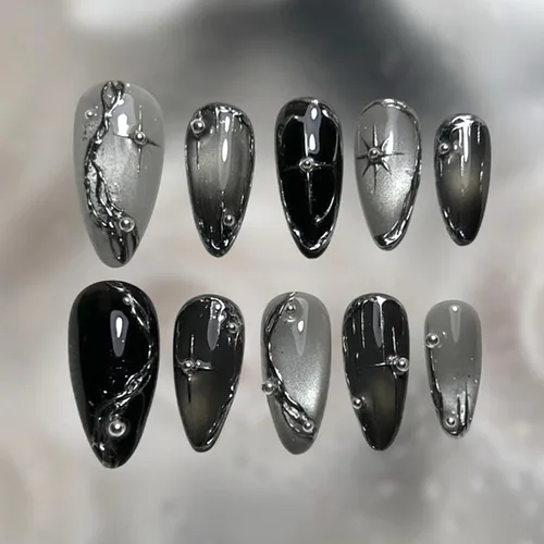 Vista 25 de 24 piezas de uñas postizas de punta francesa a presión, uñas postizas medianas en forma de almendra con diseño de ondas azul oscuro, uñas postizas