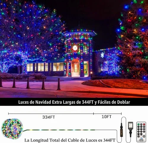 Vista 6 de Eueasy Luces de Navidad para exteriores, 1000 luces LED de 344 pies, enchufables, impermeables, con control remoto, 8 modos con temporizador