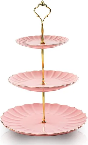 Vista 10 de Sweejar Soporte de cerámica para tartas de 3 niveles, soporte para postres, soporte para cupcakes, bandeja para servir pasteles de fiesta de té