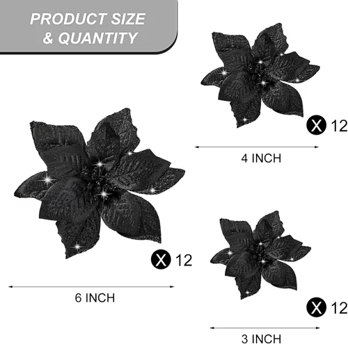 Vista 2 de WILLBOND 36 piezas de flores de Pascua navideñas de 3 tamaños para árbol de Navidad, flores falsas con purpurina, decoración, adornos de flor