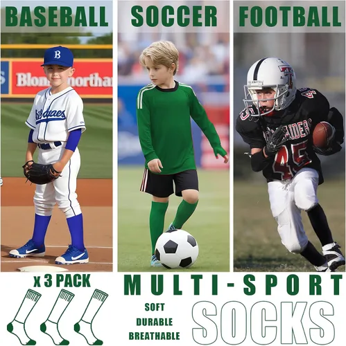 Vista 6 de BUAVBO Paquete de 3 calcetines de béisbol y sóftbol para niños pequeños, hasta la rodilla, T-Ball, calcetines de fútbol para jóvenes y niñas