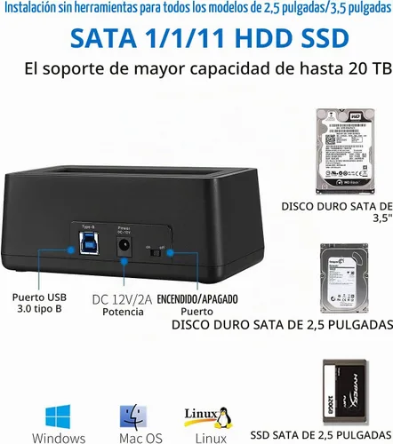 Vista 2 de SSK Adaptador de estación de acoplamiento de disco duro externo USB 3.0 a SATA para disco duro SSD SATA de 2.5 y 3.5 pulgadas, súper velocidad