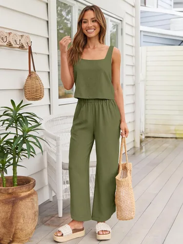 Vista 4 de AUTOMET Conjuntos de verano de 2 piezas para mujer, casuales, suaves, a juego, de dos piezas, de lino, pantalones de moda, ropa de moda