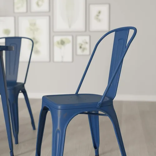 Vista 4 de Merrick Lane Banks - Silla apilable de comedor, marco de metal azul antiguo, acabado con recubrimiento en polvo envejecido, respaldo de listones