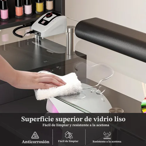 Vista 5 de Mesa de manicura con parte superior de vidrio para tecnología de uñas, estación de escritorio resistente a acetona con cajones de almacenamiento