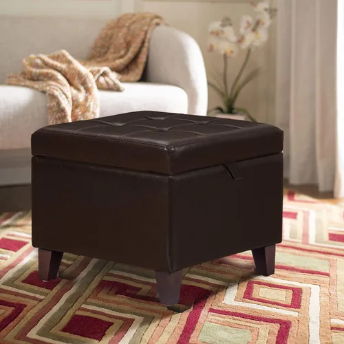Vista 2 de Adeco Otomana moderna de almacenamiento de piel sintética de 18 pulgadas con patas de madera para sala de estar, banco rectangular con detalles