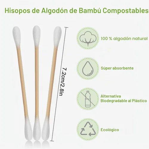 Vista 8 de 800 Hisopos de Algodón de Bambú - Bastoncillos de Algodón Orgánico Natural con Puntas Dobles, Hipoalergénicos, Hisopos Biodegradables para Limpieza