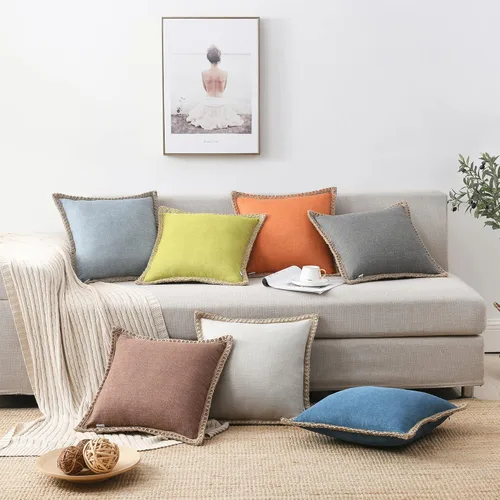 Vista 4 de Juego de 2 Fundas de Cojines Decorativos Estilo Granja - Fundas de Cojines Decorativas de Lino de Arpillera con Bordes Ribeteados y Confeccionados