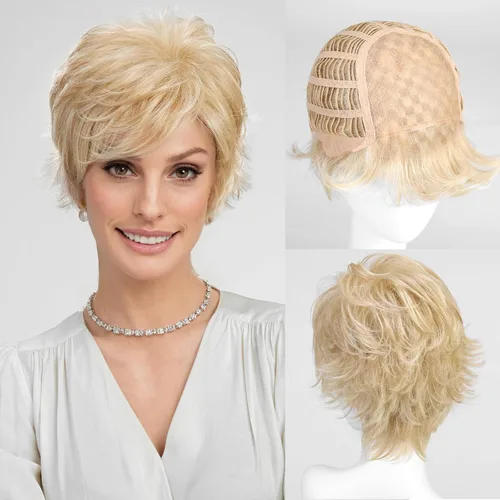 Vista 17 de HAIRCUBE Pelucas rubias de corte Pixie para mujer, estilo ondulado natural, peluca de encaje sintético resistente al calor con parte superior