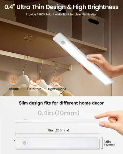 Vista 6 de Luces para debajo del gabinete de 8 pulgadas, 41 LED recargables con sensor de movimiento magnético, luz para interiores, brillo regulable de 6000