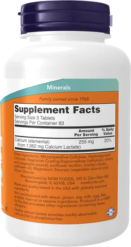 Vista 2 de NOW Suplementos, lactato de calcio, apoya la salud ósea, tableta fácil de tragar, 250 tabletas