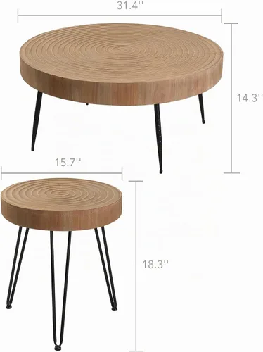 Vista 3 de RUSTOWN Juego de 2 mesas auxiliares redondas de granja, juego de mesa de cóctel, moderno círculo de madera natural, juego de mesa auxiliar