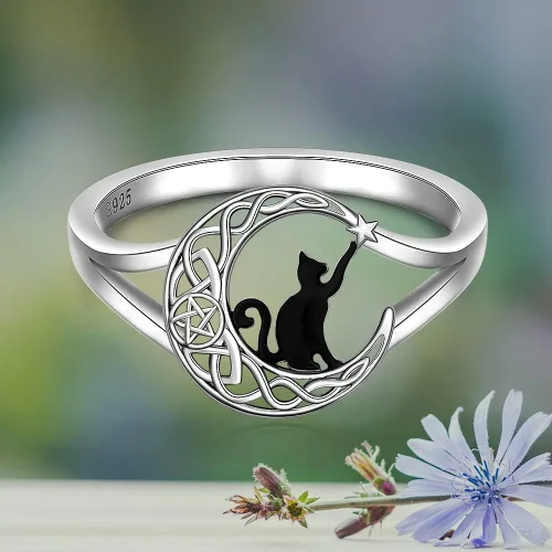 Vista 7 de Anillos de gato negro para mujer, diseño de árbol de la vida, joyería de Plateado