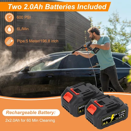 Vista 2 de Lavadora a presión inalámbrica portátil, 600 PSI con dos lavadoras a presión recargables de 21 V, boquilla 6 en 1 con 2 baterías para limpieza