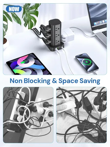 Vista 7 de Regleta de alimentación de torre con protector de sobretensiones, 12 salidas de CA y 4 puertos USB (2 USB-C), cable de extensión de 6 pies, torre