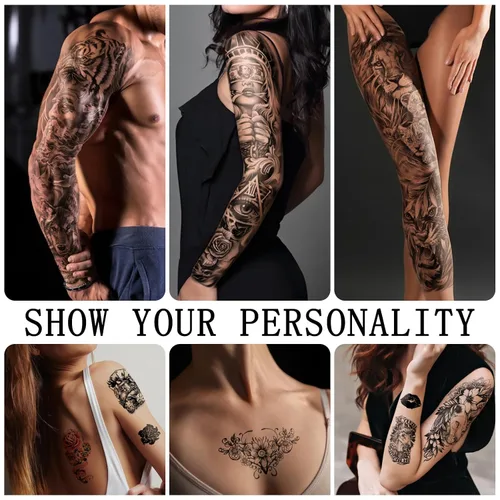 Vista 3 de Tatuajes temporales de manga completa para hombres y mujeres, 46 hojas de tatuajes falsos para adultos, león realista, lobo, águila, ciervo, flor
