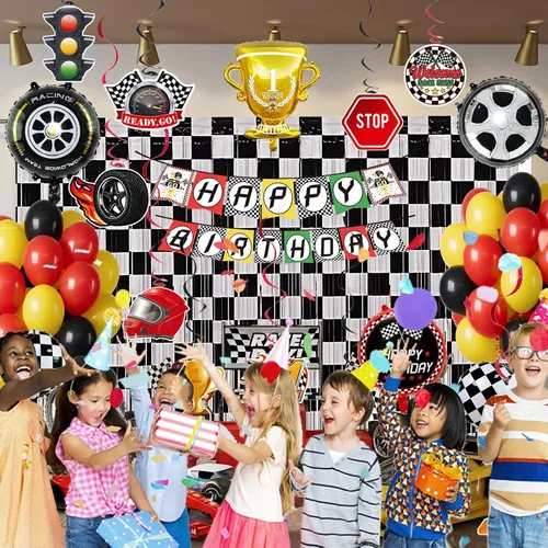 Vista 6 de Decoración de fiesta de cumpleaños de coche de carreras, globos de automóvil de carreras con flecos de aluminio a cuadros, telón de fondo