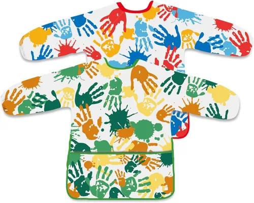 Vista 10 de 2 piezas de delantal de arte para niños, delantal de pintura para niños pequeños de manga larga con 3 bolsillos para actividades de pintura