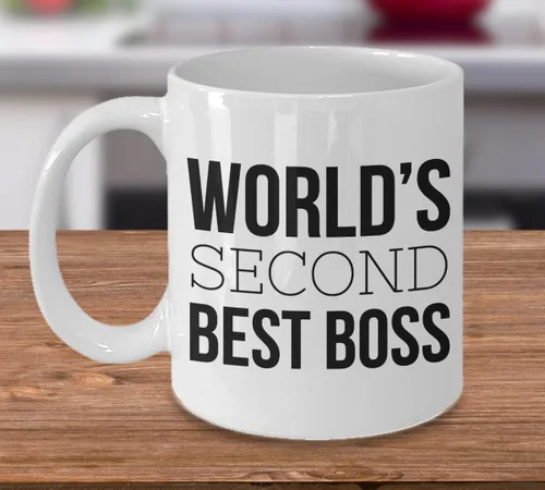 Vista 3 de Taza de café Aeiniwer The World's Second Best Boss – Funny Joke Cup to Work Manager 2nd Supervisor – Okayest – Funniest Ever Present