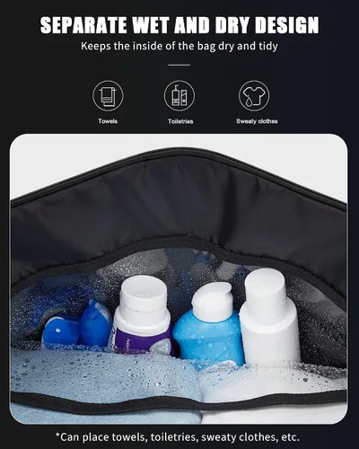 Vista 6 de Bolsa de viaje de cuero con bolsa para zapatos, bolsa de deporte de gimnasio, bolsa impermeable para fines de semana para hombres y mujeres, Negro