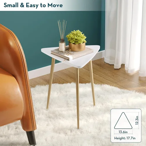 Vista 3 de SAYGOER Mesa auxiliar blanca pequeña triangular, mesa de sofá moderna y estrecha para sala de estar, dormitorio, mesita de noche única, marco