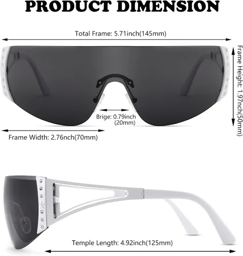 Vista 4 de NULOOQ Gafas de sol envolventes Y2K para mujeres y hombres, gafas de sol futuristas sexys sin marco, escudo de estrellas planas
