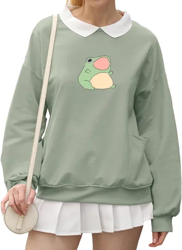 Vista 3 de KIEKIECOO Linda sudadera estética de rana para adolescentes y niñas, sudadera con capucha con gráficos de dibujos animados Kawaii para mujer