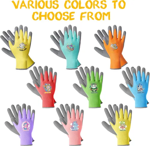 Vista 3 de COOLJOB 3 pares de guantes de jardinería para niños pequeños de 3 a 5 años, guantes de trabajo de goma con agarre para niños y niñas, rojo, verde