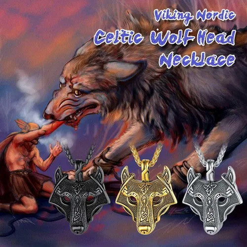 Vista 3 de FaithHeart Collar con colgante de lobo vikingo nórdico para hombres y mujeres, acero inoxidable, chapado en oro de 18 quilates, joyería con embalaje