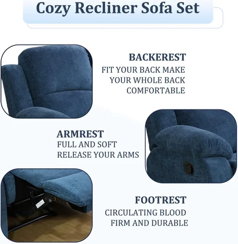 Vista 4 de Juego de sofá reclinable de 2 piezas de tela de microfibra, juego de muebles de sala de estar, sofá reclinable y sofá biplaza con portavasos y Azul