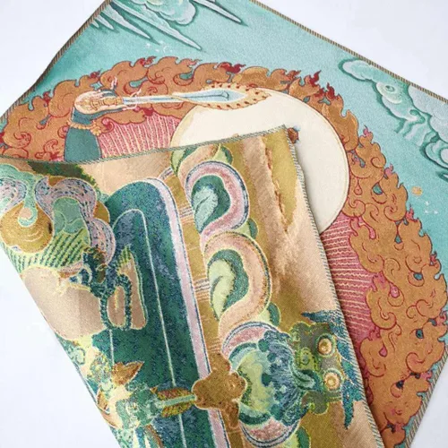 Vista 4 de Tapiz de budismo tibetano Thangka con bordado de seda, color negro, Wenshu Manjushri Tangka Fengshui, mural, pintura mural para colgar en la pared