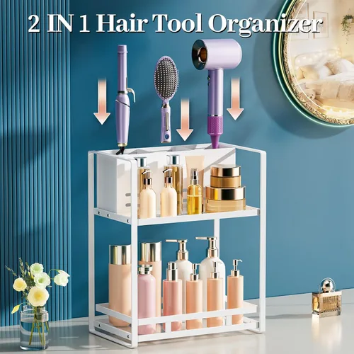 Vista 5 de SanDream Organizador de herramientas para el cabello, encimera de baño, organizador de baño de metal de 2 niveles con soporte para secador, estante
