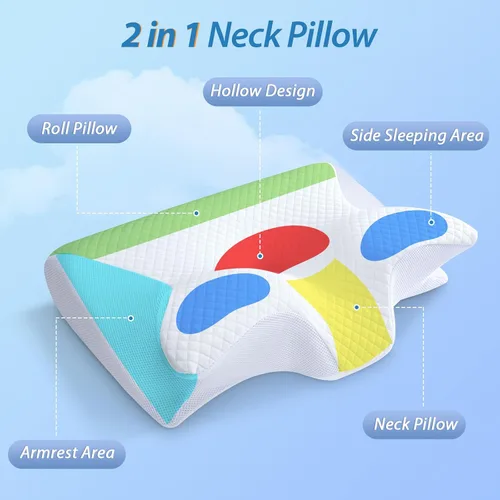 Vista 2 de HOMCA Almohada Cervical de Espuma Viscoelástica, 2 en 1 Almohada Ortopédica de Contorno Ergonómico para Dolor de Cuello, Almohadas de Soporte