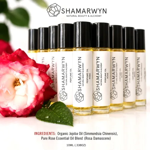 Vista 3 de Aceite de perfume de rosa, aceite de jojoba orgánico y mezcla de aceites Una rica fragancia floral de rosas, romántica y atemporal. Rollo