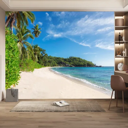 Vista 15 de Mural de pared 3D Ocean Beach, paisaje tropical, papel tapiz autoadhesivo extraíble para sala de estar, dormitorio, decoración de pared, 59 pulgadas