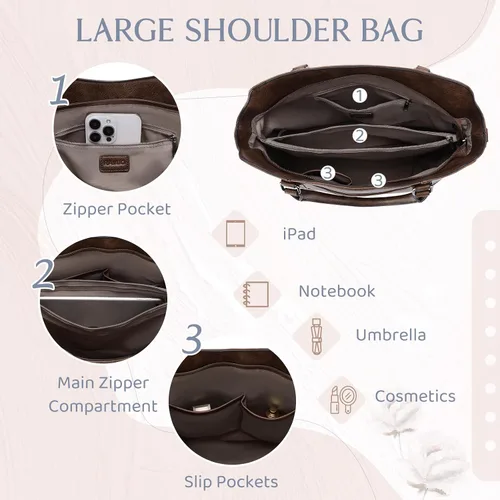 Vista 5 de RAVUO Bolso Hobo para mujer, bolso de mano de cuero vegano con asa superior, bolso de hombro elegante para mujer, bolso cruzado con correa