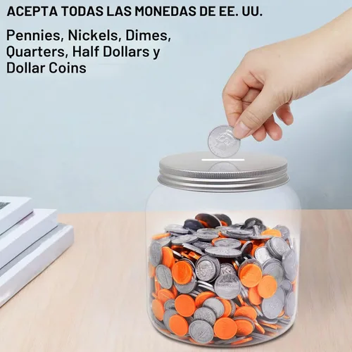 Vista 4 de Paquete de 2 monedas de plástico transparente grande con tapa ranurada plateada, monedas de plástico grandes, alcancía para cambio de dinero, tarro