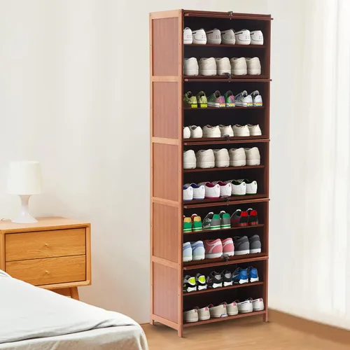 Vista 4 de Zapatero de 10 capas, 20 pares de organizador de almacenamiento de zapatos con puertas correderas ocultas, estante independiente para zapatos