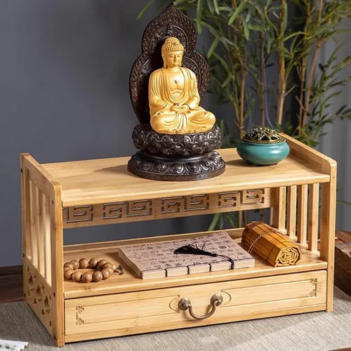 Vista 3 de HM&DX Mesa de meditación de altar con cajón de almacenamiento, mesa de altar espiritual de bambú, mesa budista relajante para oraciones