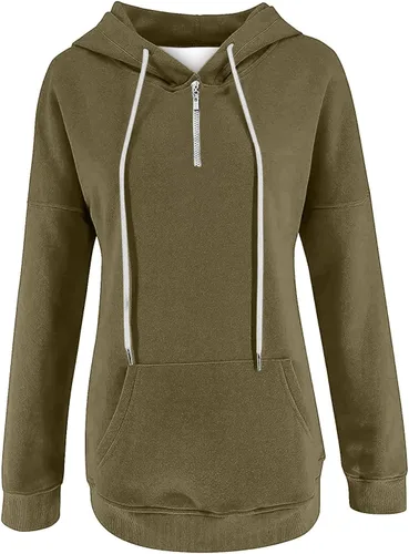 Vista 3 de Sudaderas con capucha con cremallera de un cuarto para mujer, sudaderas lisas con capucha con bolsillo de canguro de manga larga para entrenamiento