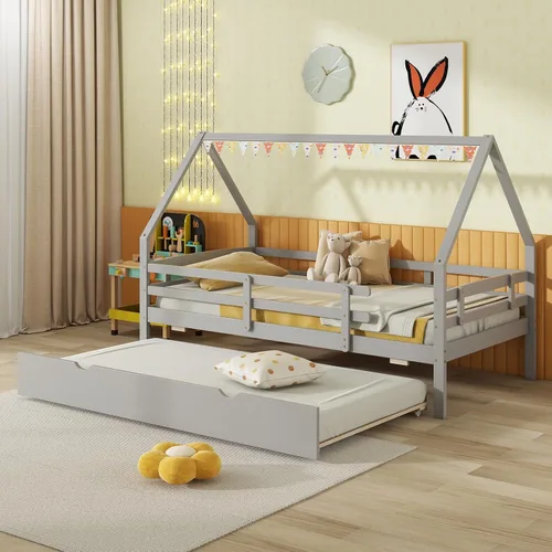 Vista 5 de KOMFOTT Cama de casa de tamaño individual con nido, marco de cama de madera con rieles de seguridad y techo, marco de cama de plataforma de casa Gris