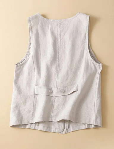 Vista 3 de IDEALSANXUN Chaleco de lino de algodón sin mangas para mujer, chaleco casual de verano, cuello en V, chaqueta de cárdigan