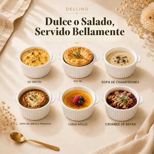 Vista 6 de Delling Ramequines con asa, paquete de 6 cuencos de sopa para sopa de cebolla francesa, pastel de olla, pasteles de lava, crema brulee, plato